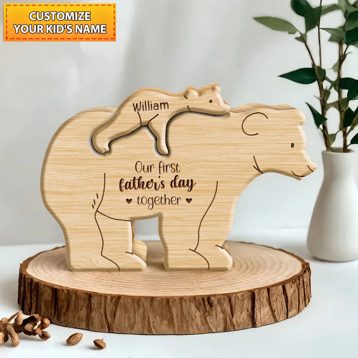 Happy Father's Day! - Personalized Handmade Name Engraved Wooden Bear Gift