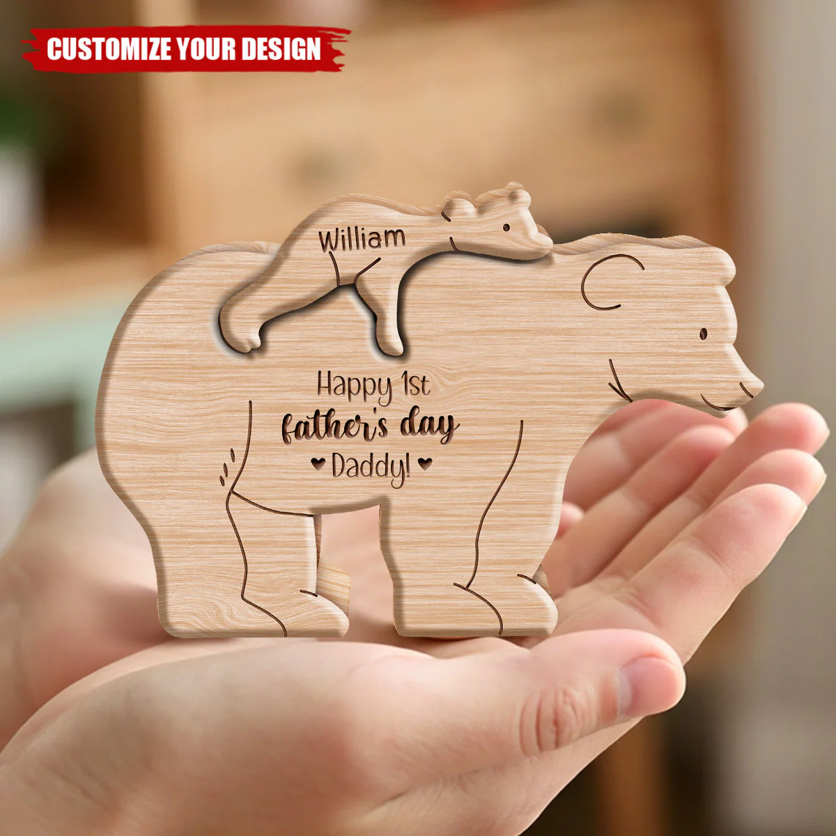 Happy Father's Day! - Personalized Handmade Name Engraved Wooden Bear Gift - Image 2
