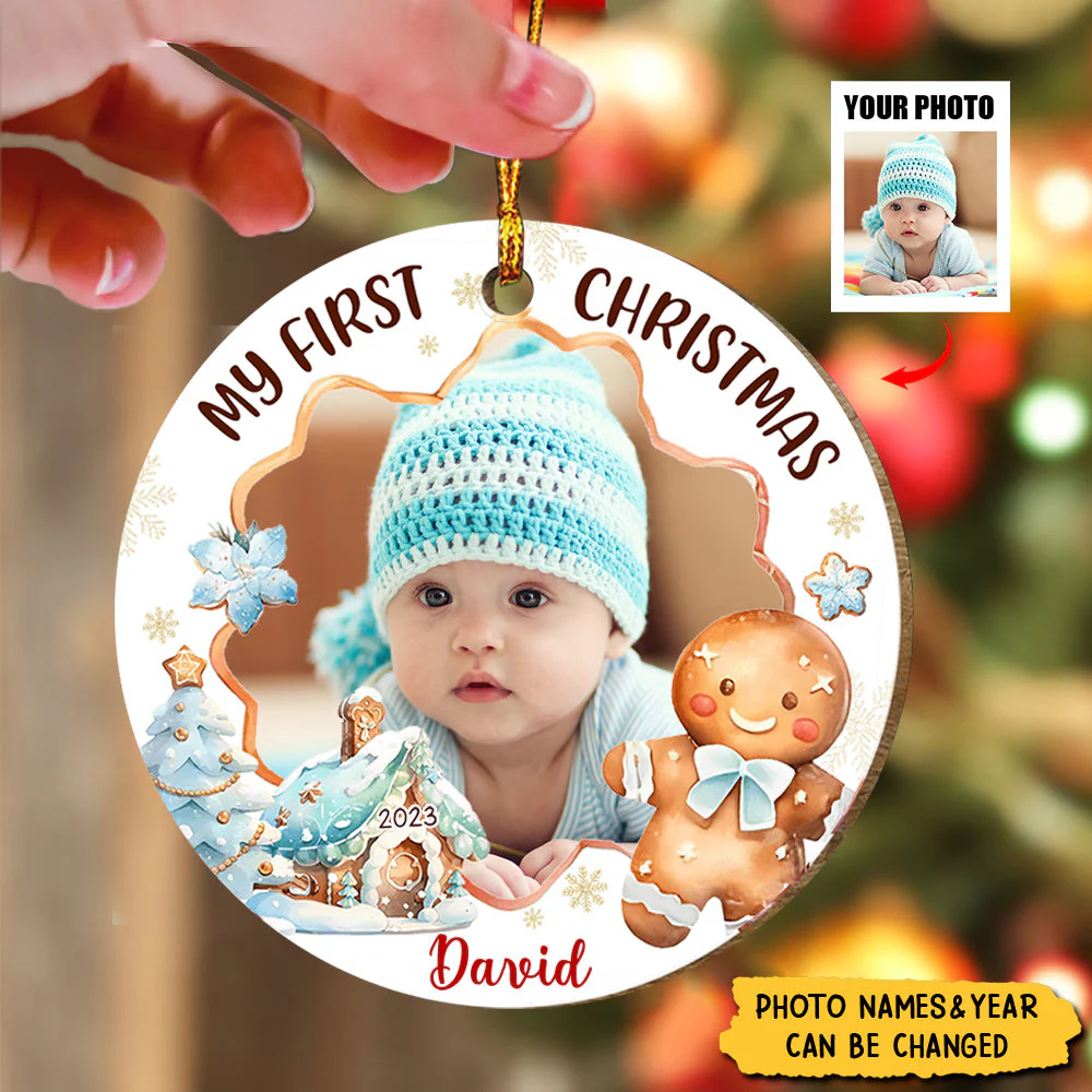 Personalized Gift For Baby First Gingerbread Upload Photo Circle Ornament - Image 3