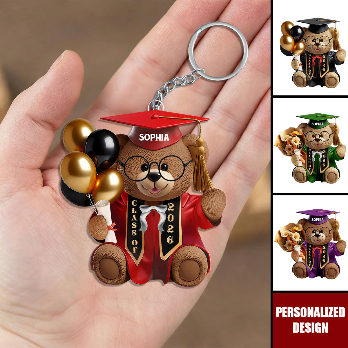 Personalized Graduation Bear Keychain, Custom Name Class Year Gift for Graduate - Image 2