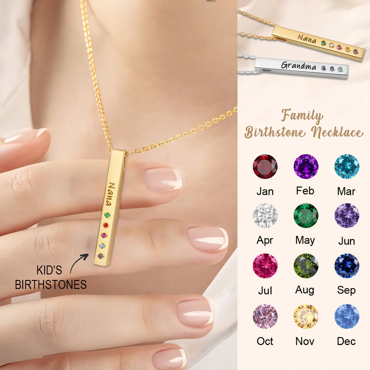 Personalized Grandma Mom Family Birthstone Bar Necklace - Image 2
