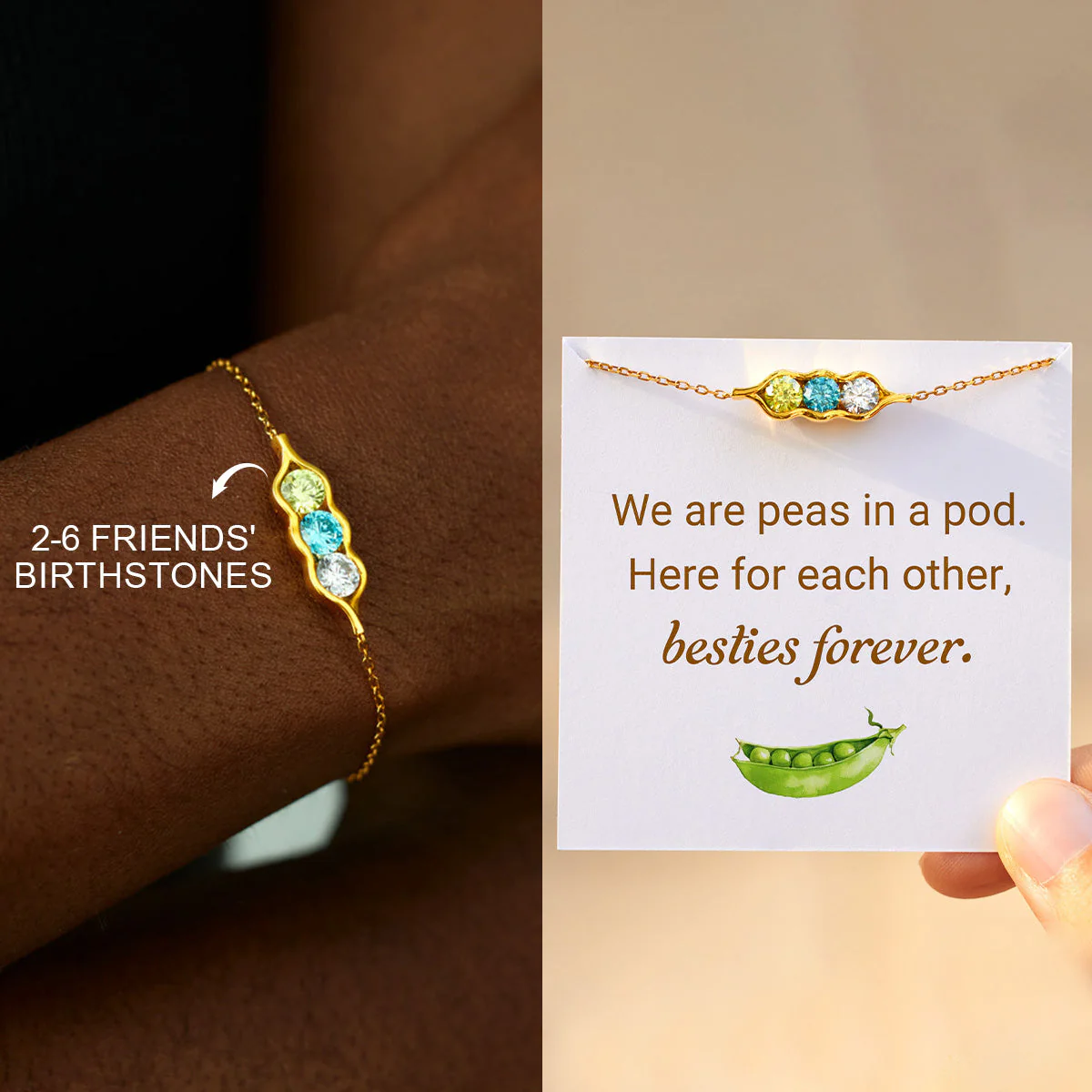 Personalized Bestie Forever Peas in a Pod 2-6 Birthstones Bracelet - Image 3