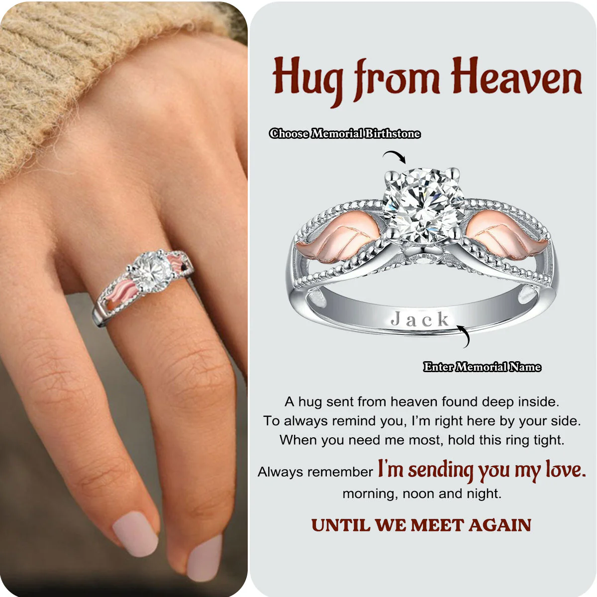 Personalized Hug From Heaven Memorial Angel Wings Ring - Image 2