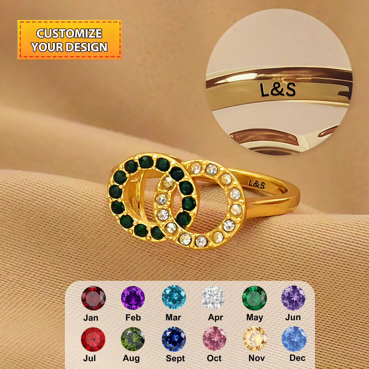 Personalized Interlocking Circle Birthstone Ring For Couple - Image 2