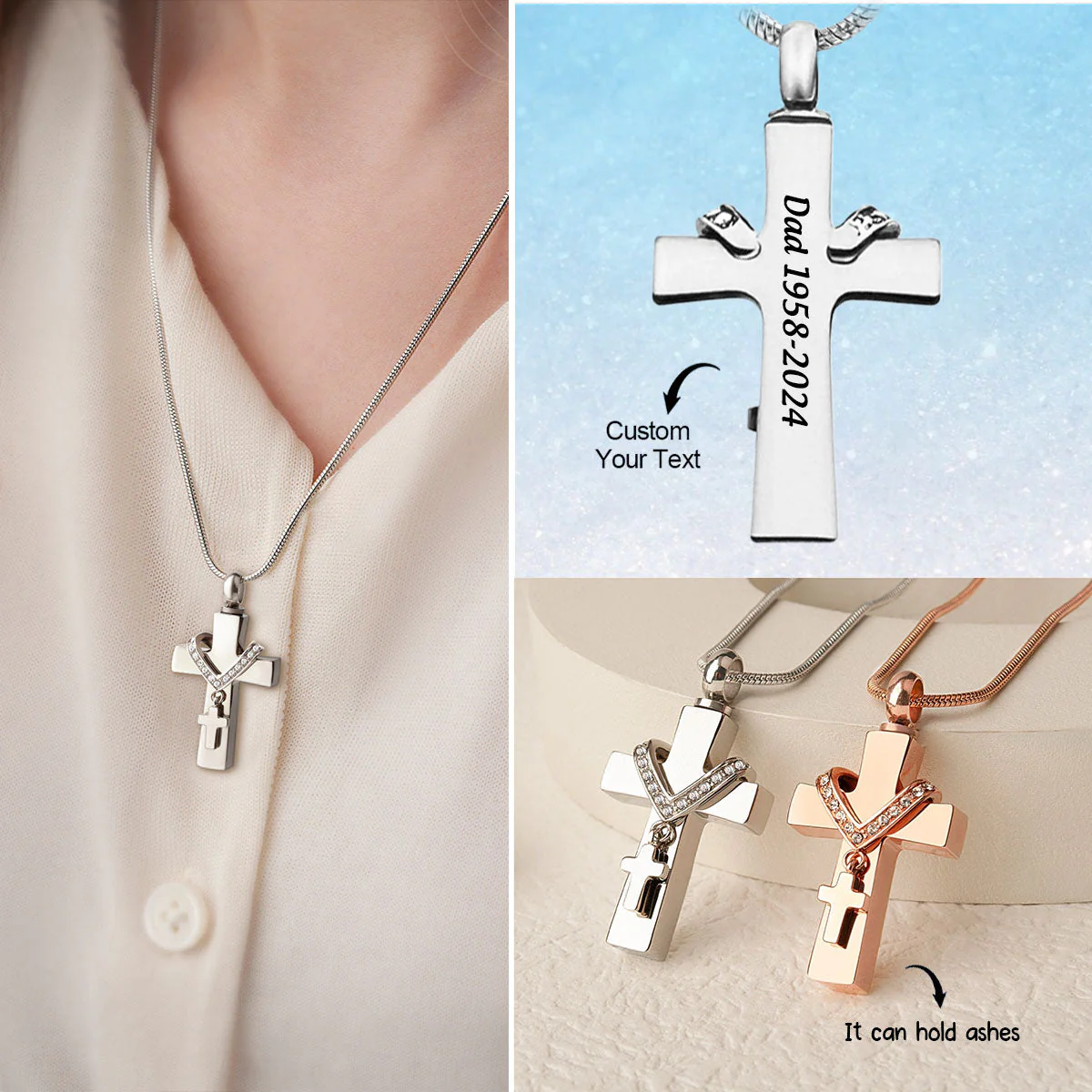 Personalized Memorial Custom Text Cross Urn Necklace Ashes Keepsake - Image 2