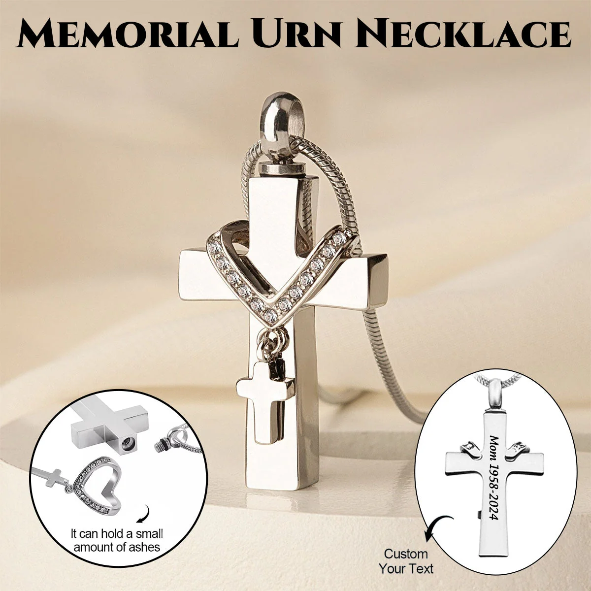 Personalized Memorial Custom Text Cross Urn Necklace Ashes Keepsake - Image 3