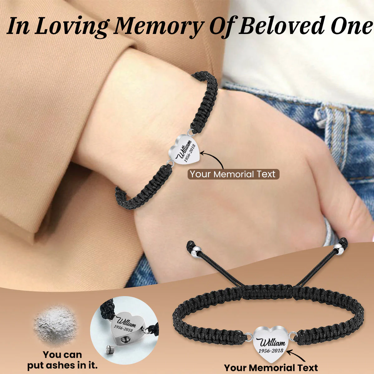 Personalized Memorial Heart Adjustable Bracelet