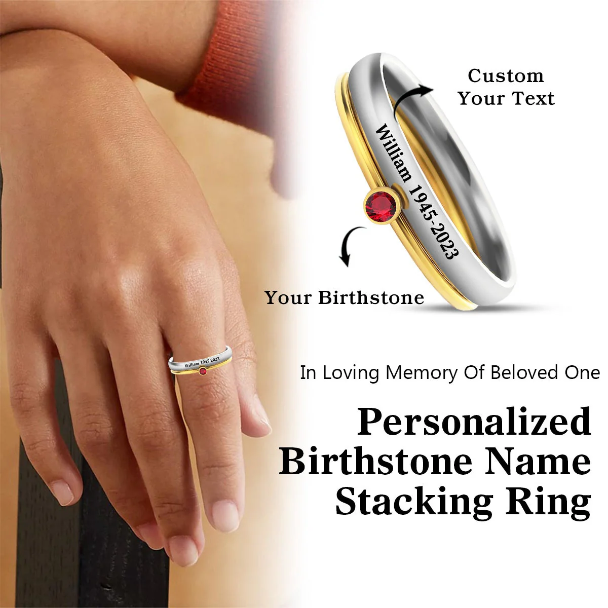 Personalized Name Birthstone Stackable Memorial Ring - Image 2