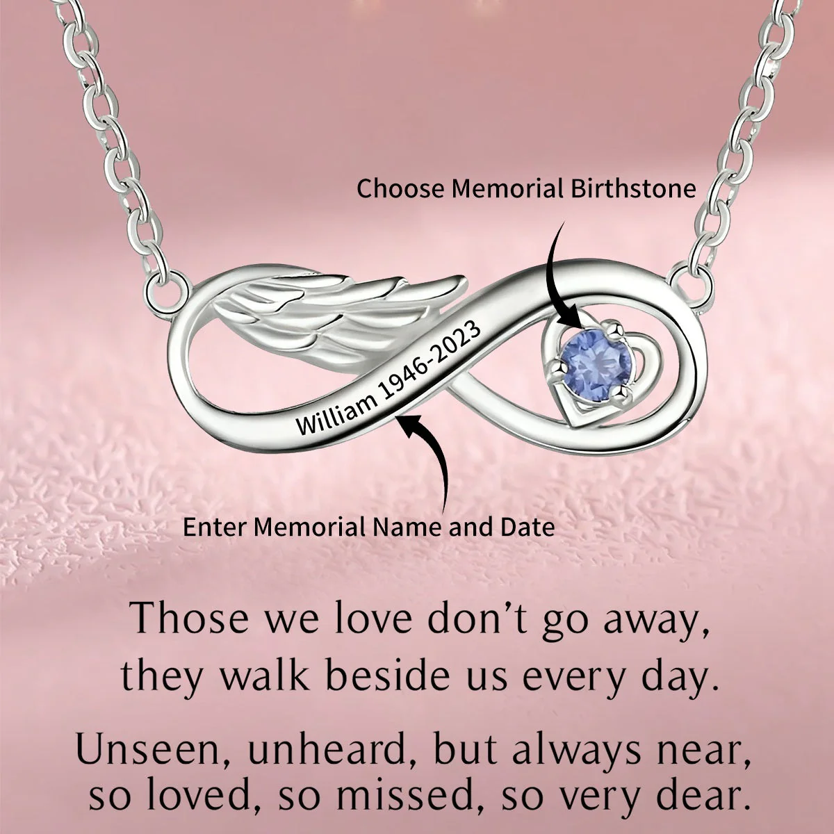 Personalized Name Engraved Wing Infinity Birthstone Pendant Necklace - Image 2