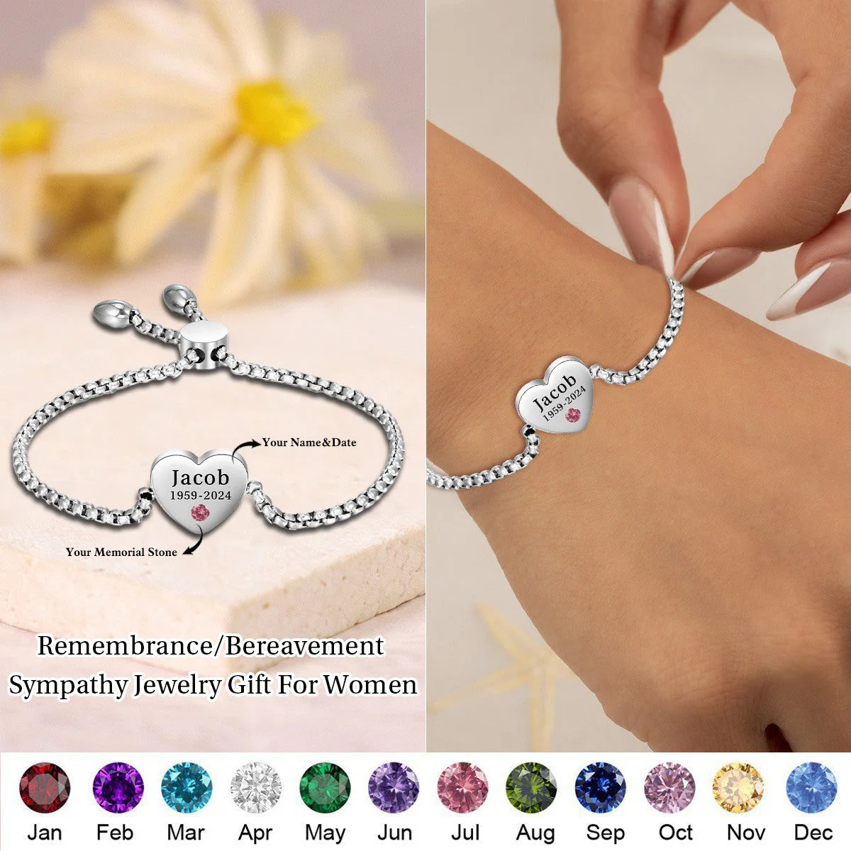 Personalized Name Heart Birthstone Memorial Bracelet - Image 2