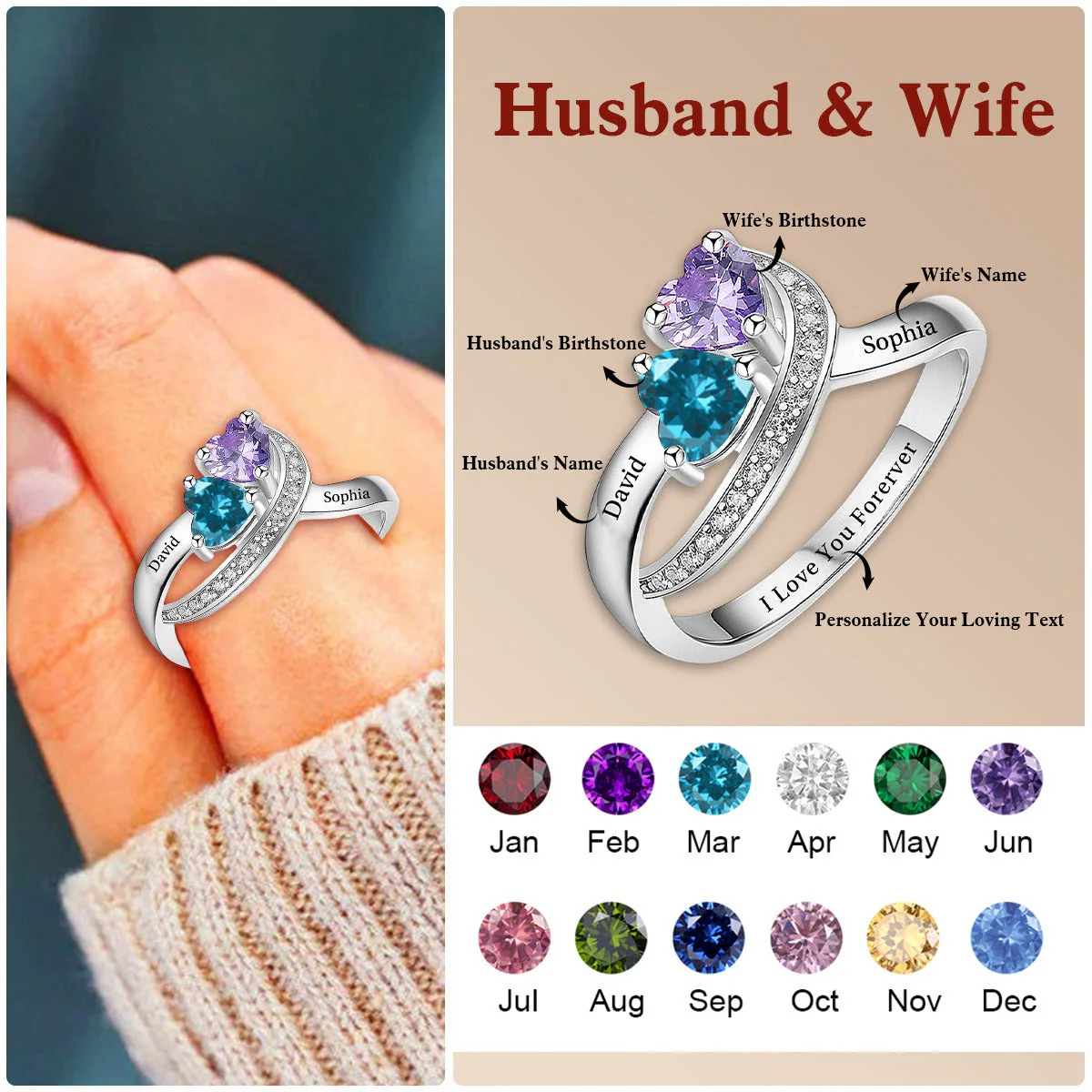 Personalized Name Promise Birthstones Ring For Couple - Image 2