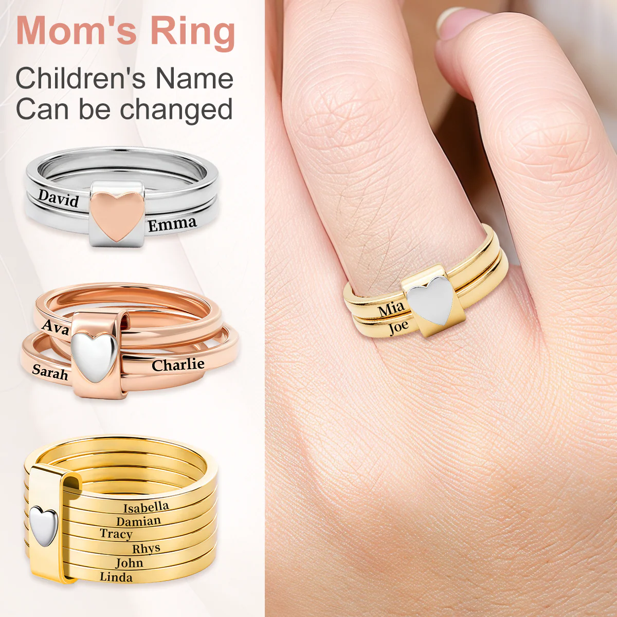 Personalized Name Stacking Rings - Engraved 2-7 Bands With Heart Accent - Image 2