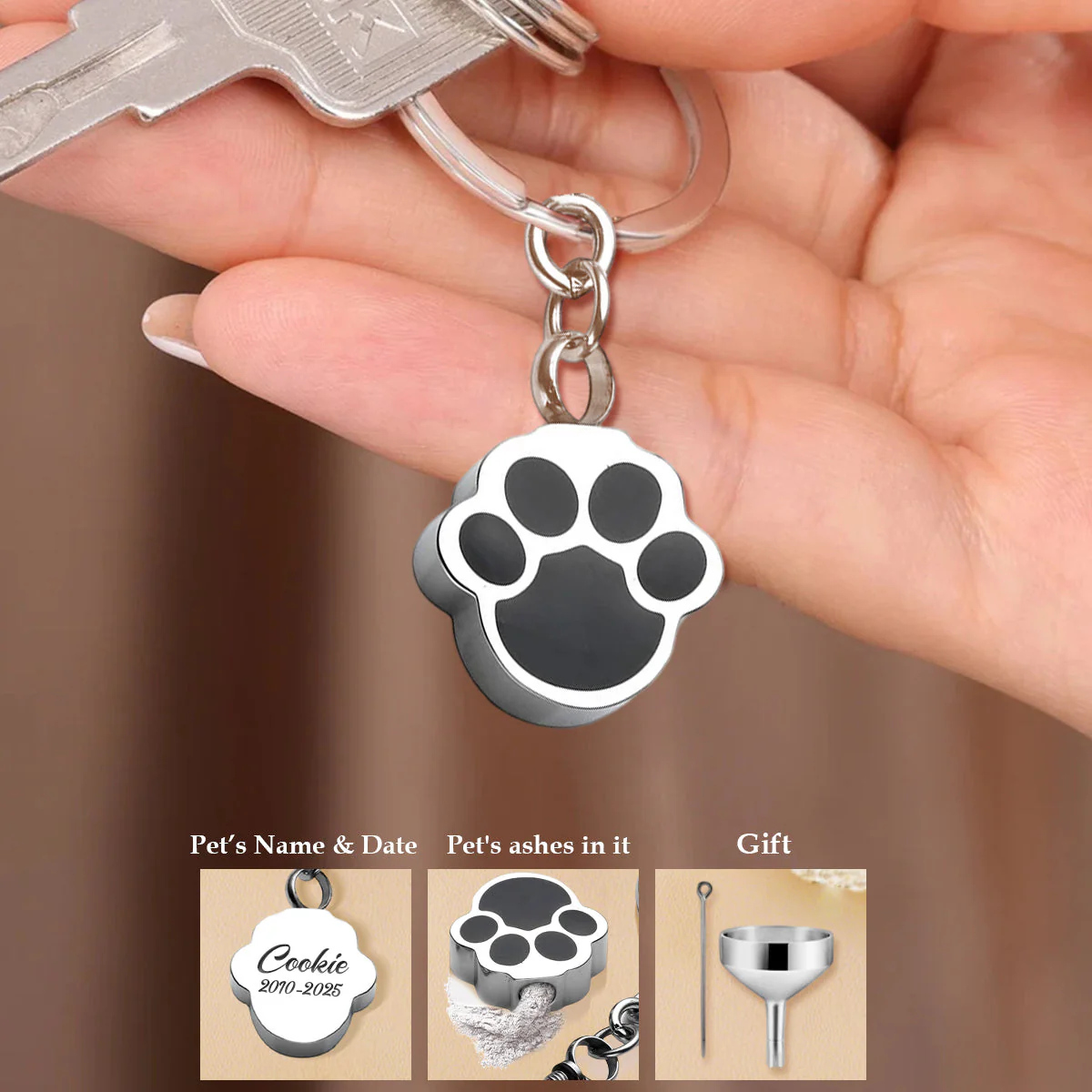 Personalized Pet Ashes Urn Memorial Keychain, Dog Paw Print Keepsake - Image 2