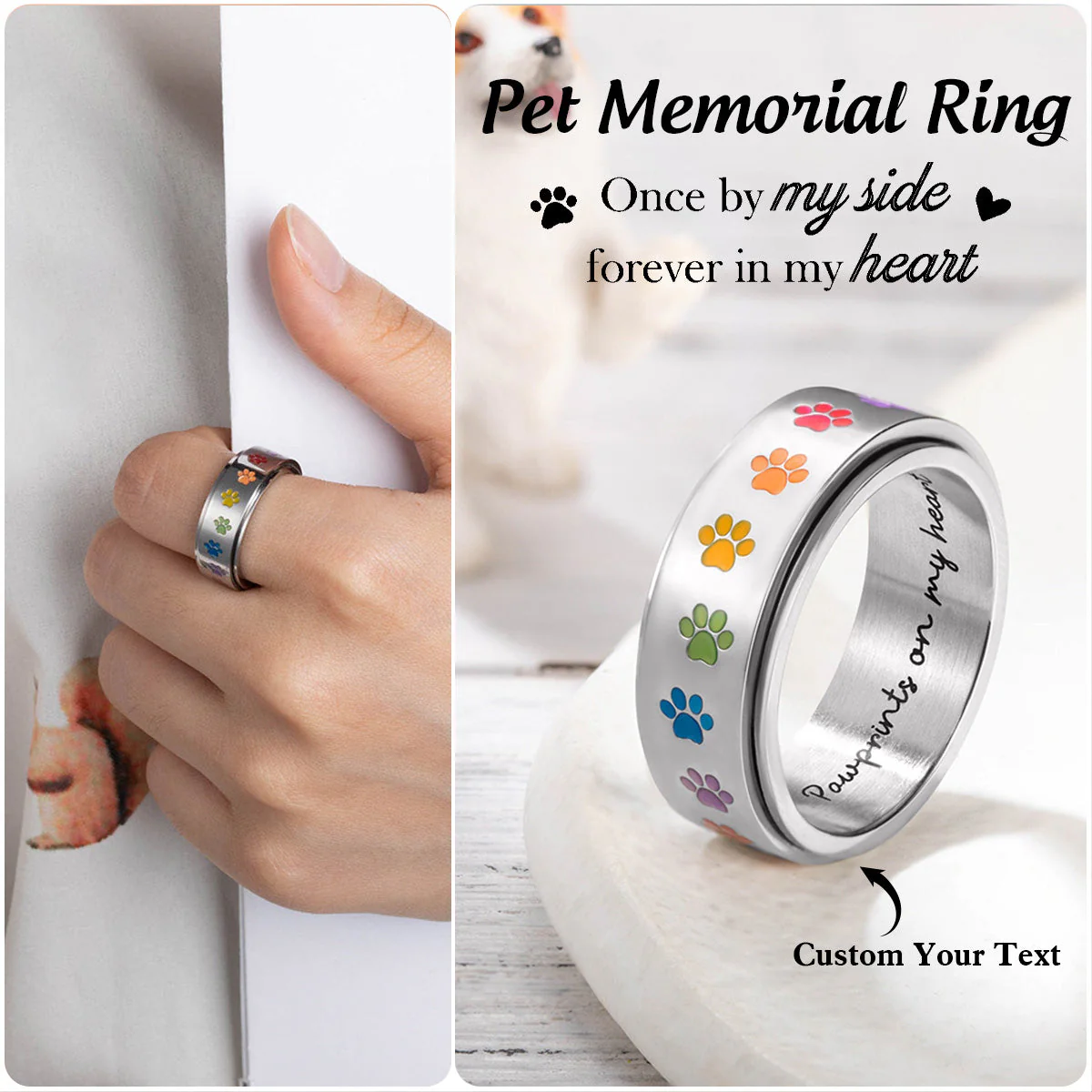 Personalized Rainbow Bridge Pet Paw Memorial Ring For Men- Pet Loss Sympathy Gift - Image 2