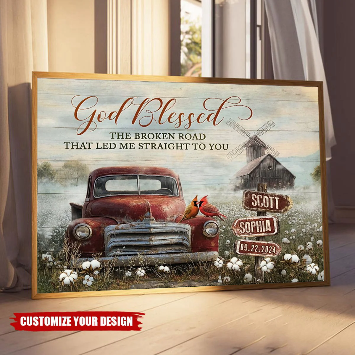 Personalized Rustic Couple Gift God Blessed The Broken Road Truck And Farmhouse Canvas