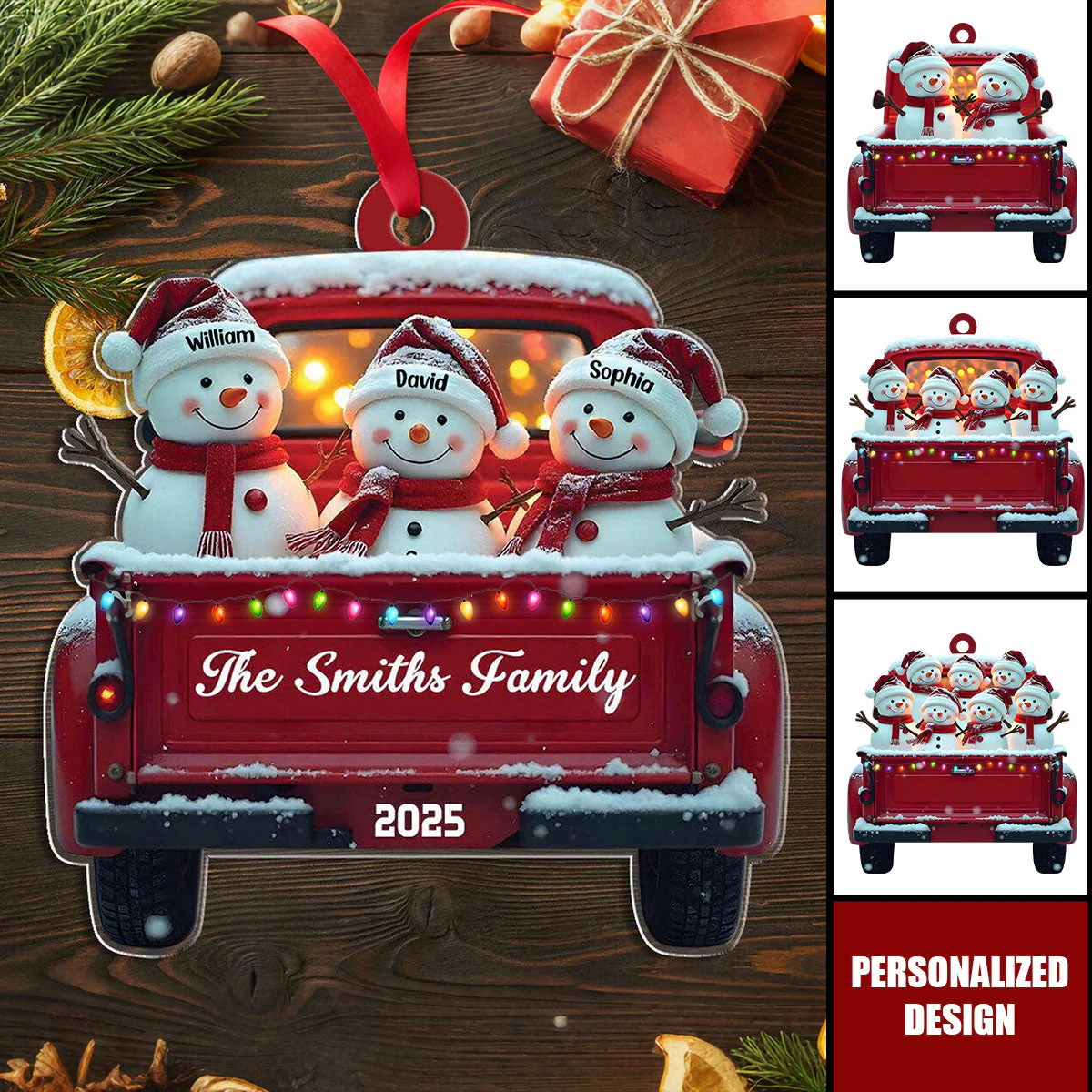 Personalized Snowman Family Christmas Ornament, Red Truck Christmas Ornament - Image 2