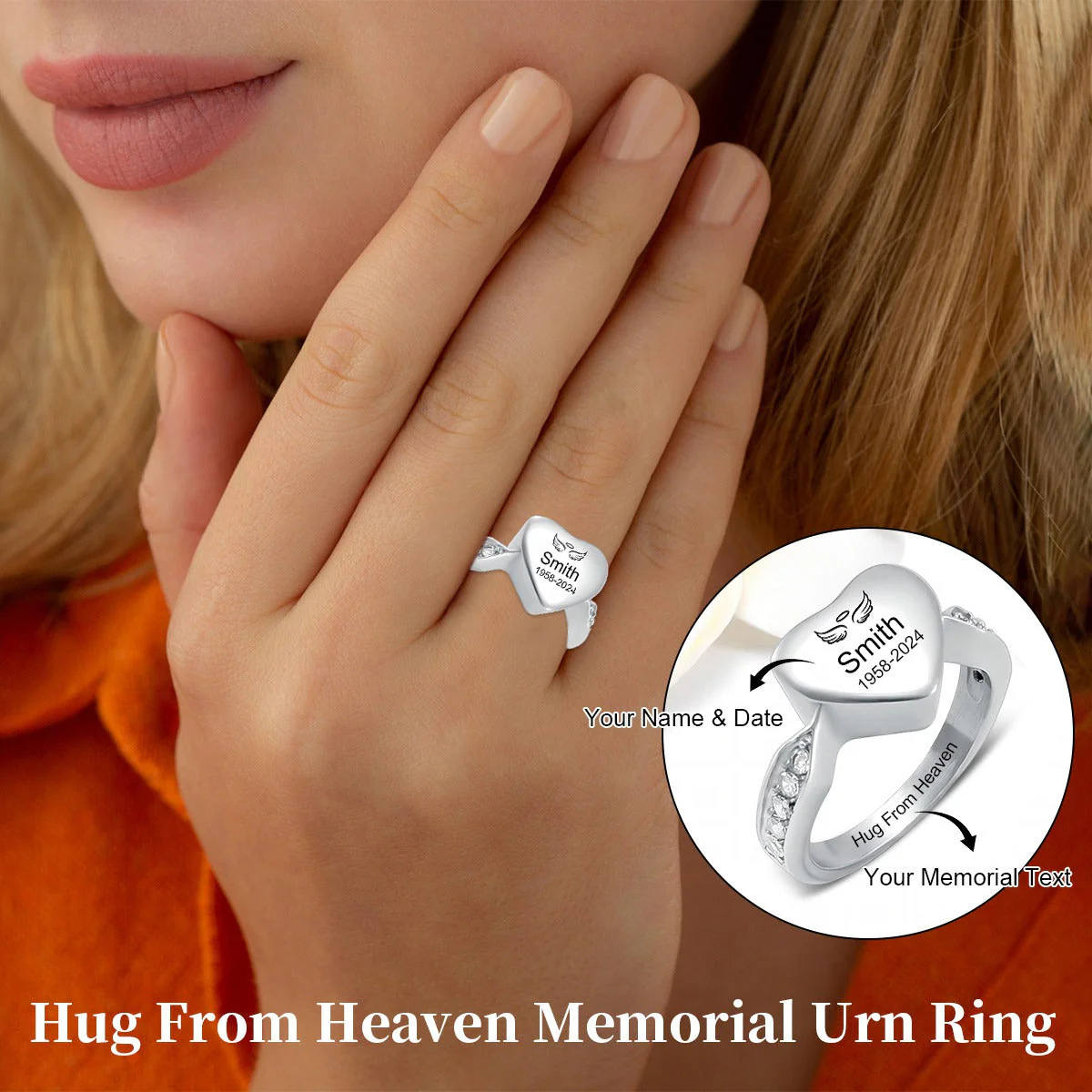 Personalized Name Date Memorial Heart Urn Ring - Image 3