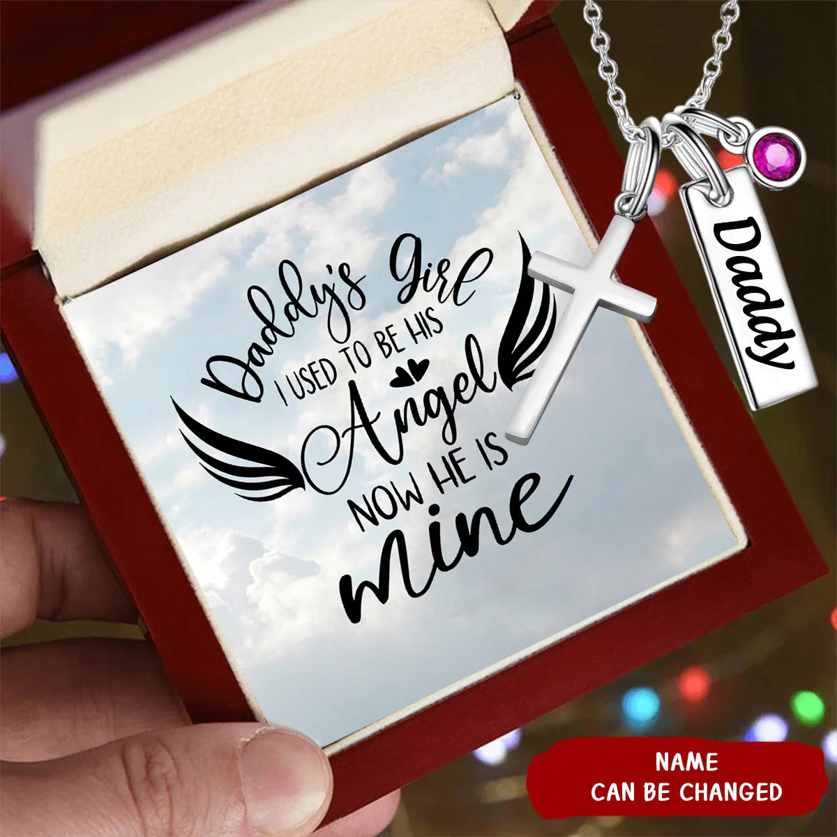 Personalized Dad Memorial Birthstone Necklace with Cross Charm - Image 2