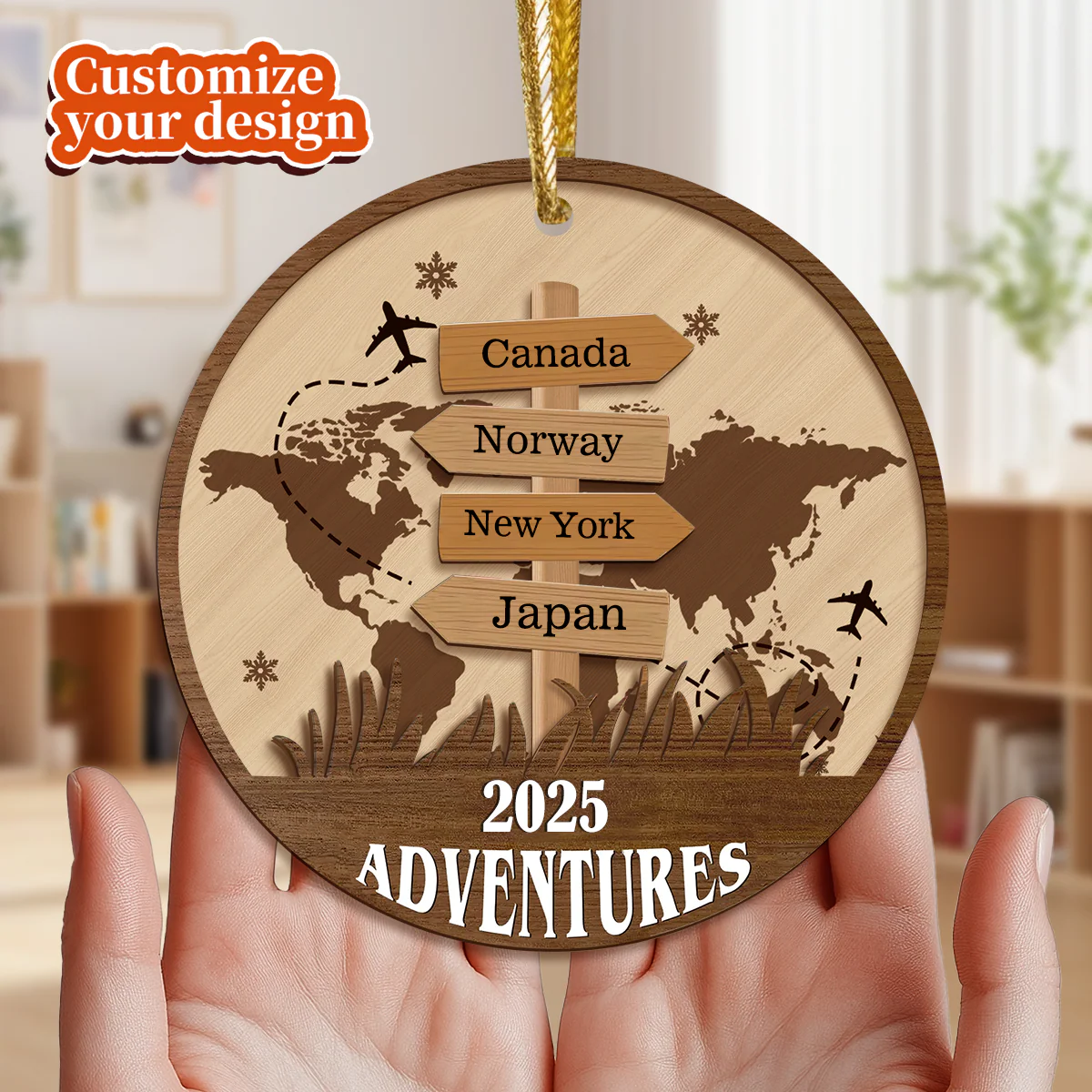 Personalized Travel Adventure 2 Layered Wooden Ornament, Traveling Destination Ornament - Image 2