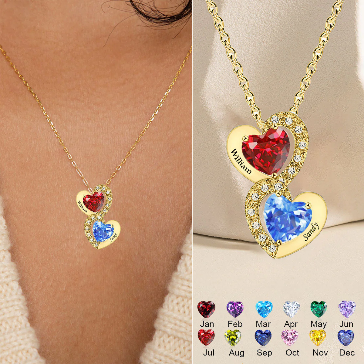 Personalized Two Heart Together Forever Birthstone Necklace - Image 2