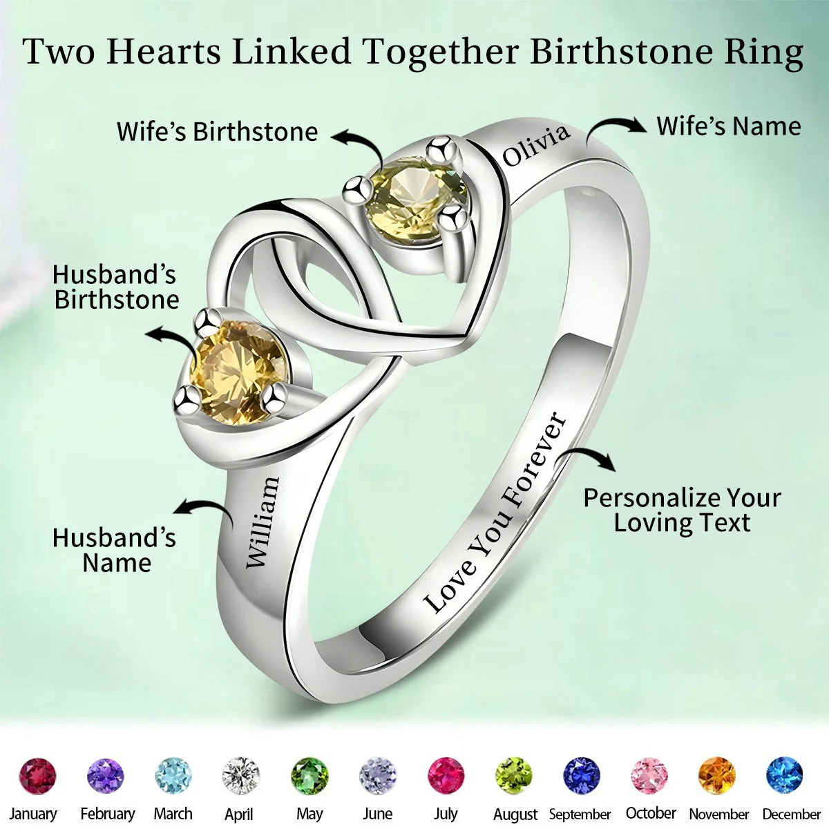 Personalized Two Hearts Birthstone Ring - Gift For Couple - Image 2