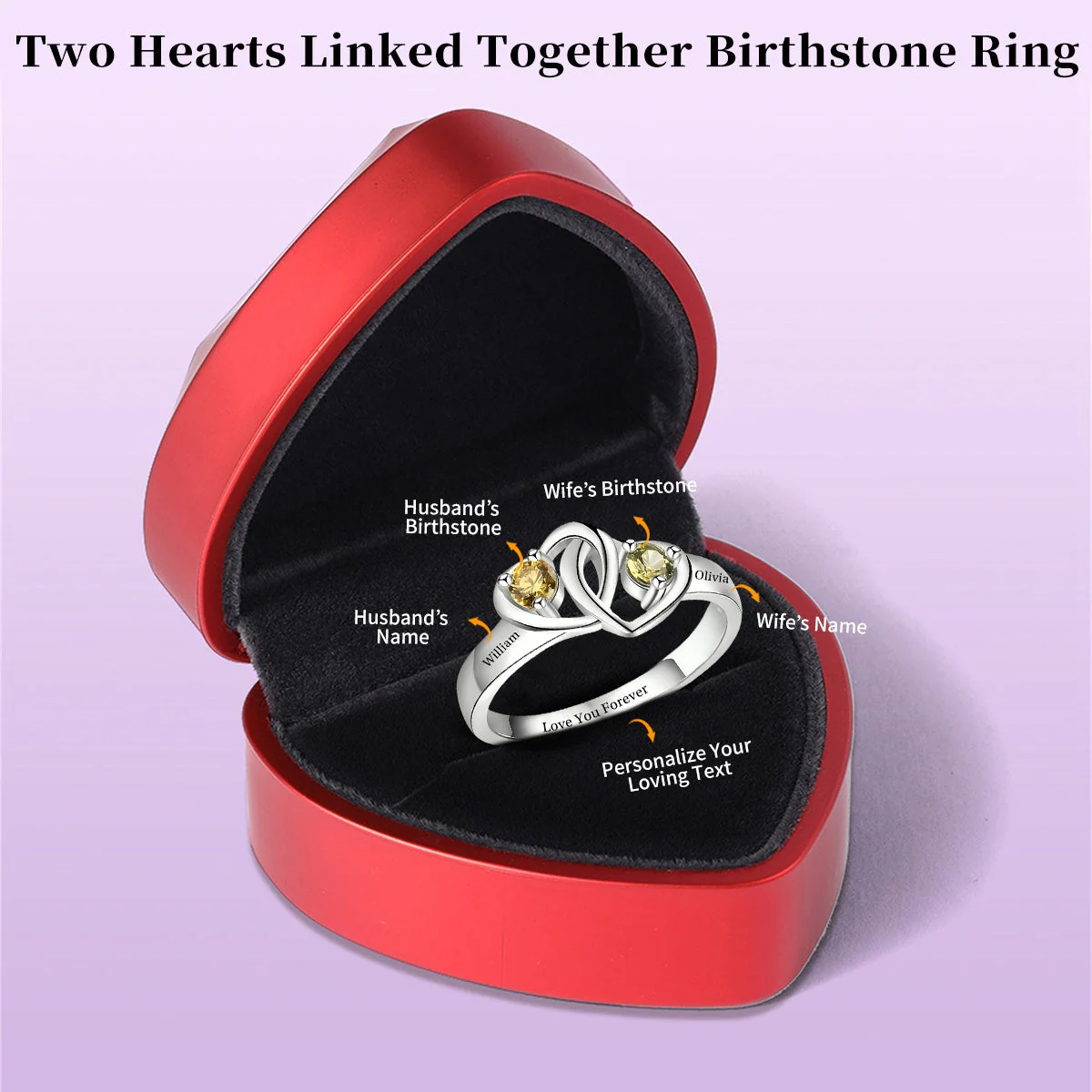 Personalized Two Hearts Birthstone Ring - Gift For Couple - Image 3