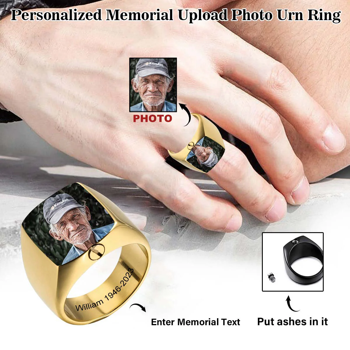 Personalized Upload Image Memorial Urn Ring for Ashes - Image 2