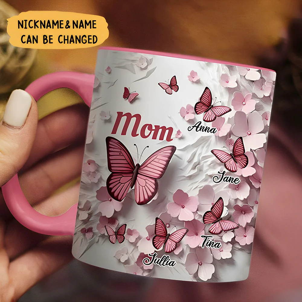 Pink Butterflies and Flowers Wall Personalized Mug Gift For Grandma Mom - Image 3