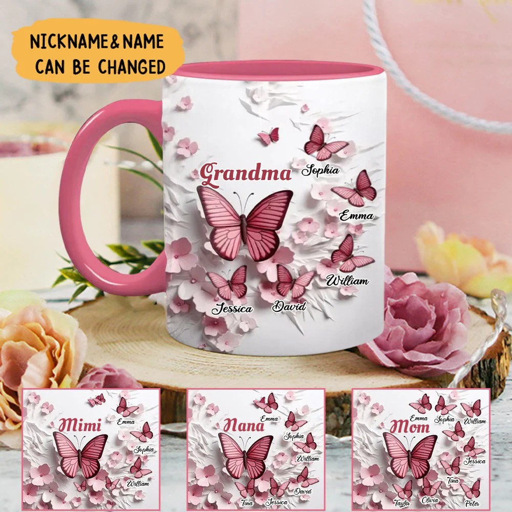 Pink Butterflies and Flowers Wall Personalized Mug Gift For Grandma Mom - Image 4