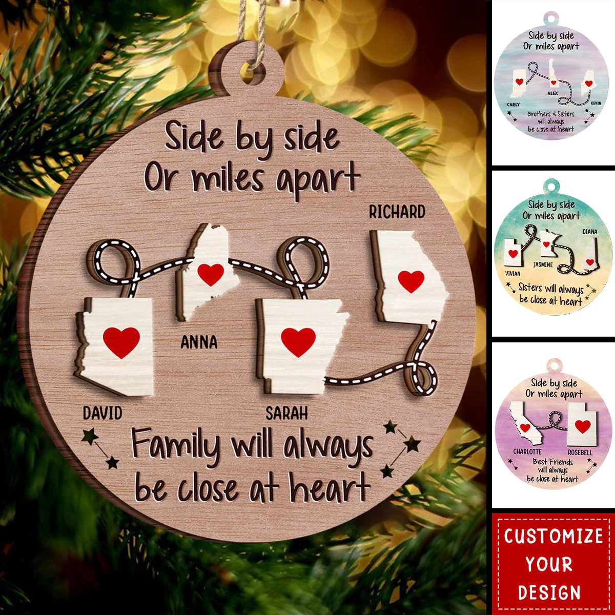 Side By Side Or Miles Apart - Christmas Gift For Family,Personalized Wooden Ornament