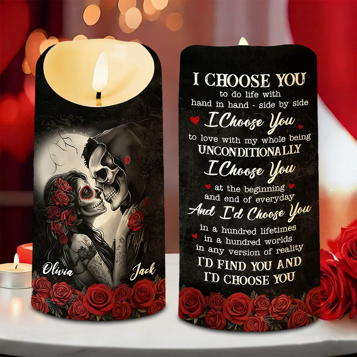 Skulls And Roses, LED Candle, Gift For Couples - Image 2