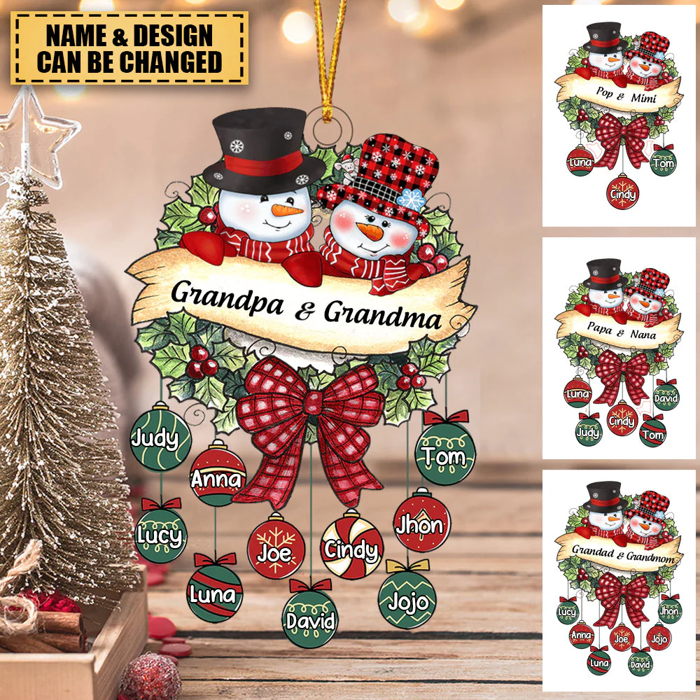 Snowman Grandpa & Grandma Christmas Ball Kids Personalized Acrylic Ornament - Image 2