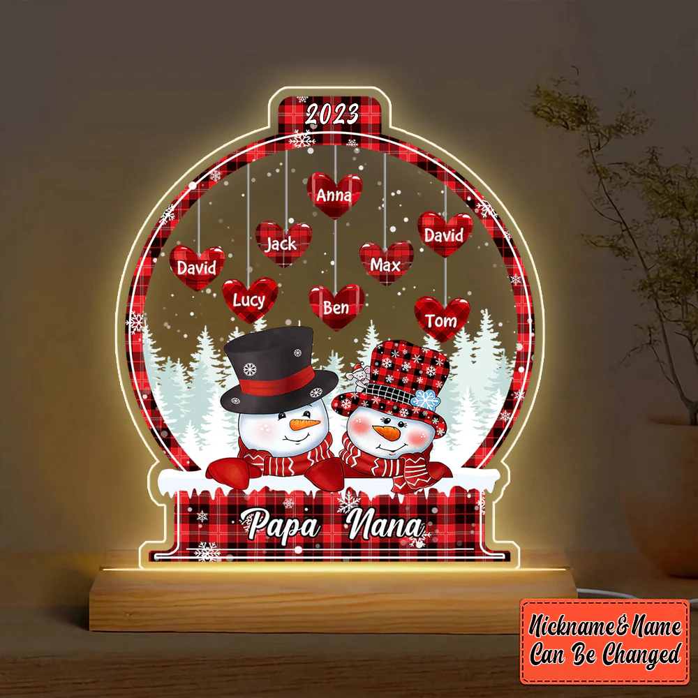 Christmas Snowman Heart Kids In Snowball- Personalized LED Lamp Night Light - Image 2