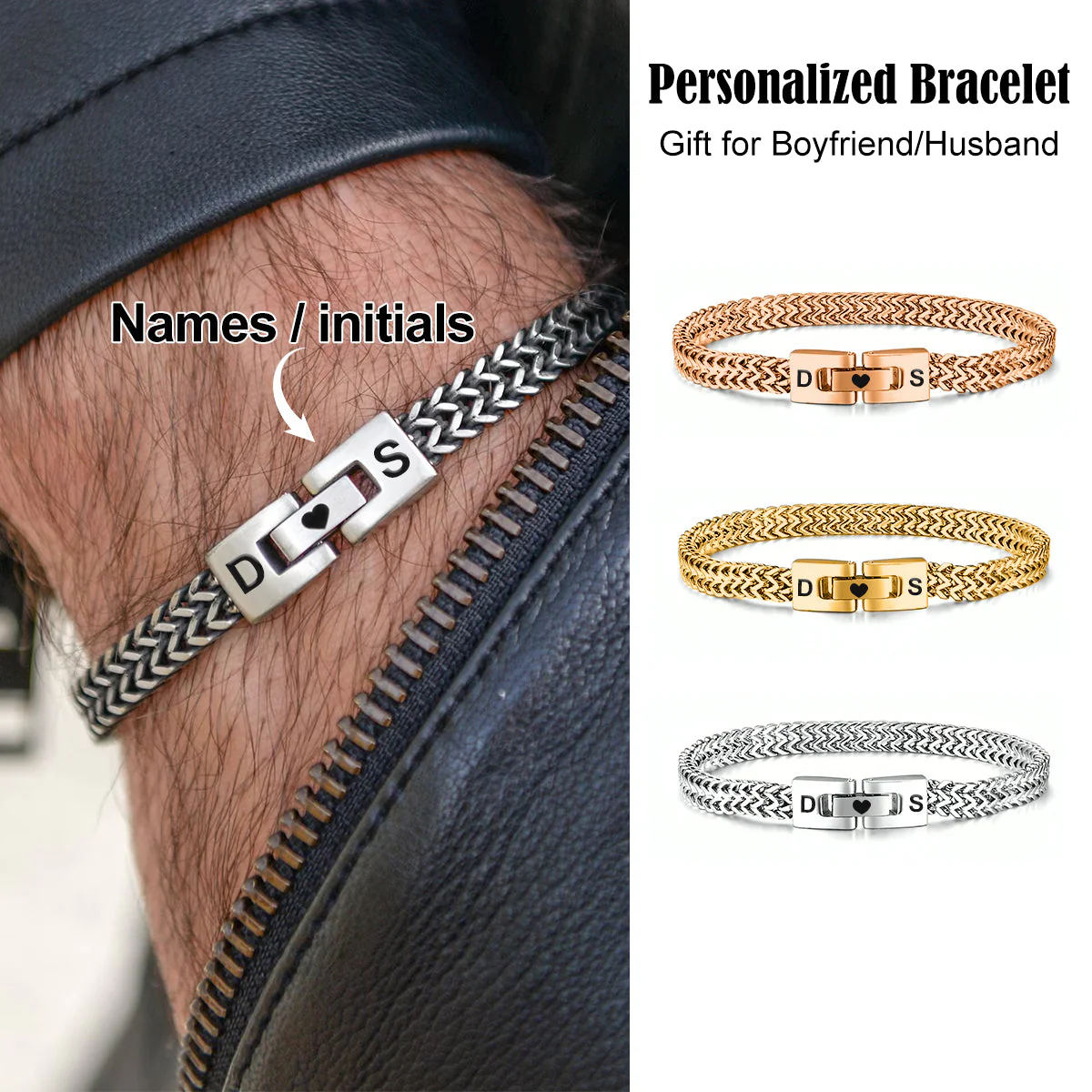 To My Man - Personalized Couples Engraved Names & Initials Bracelet - Image 2