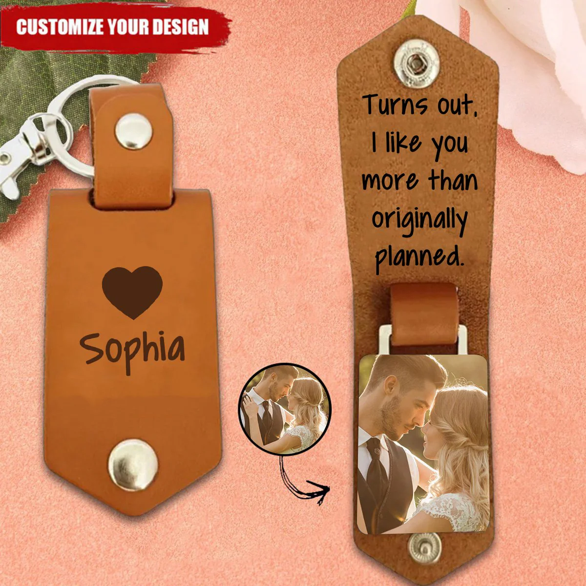 ”Turns Out, I Like You More Than Originally Planned" - Personalized Couple Leather Keychain - Image 2