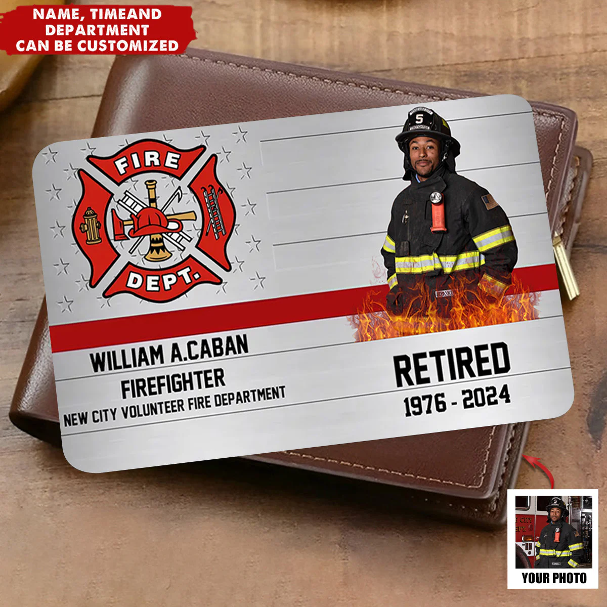 Upload Photo - Personalized Firefighter Custom Department & Name Aluminum Wallet Card - Image 2