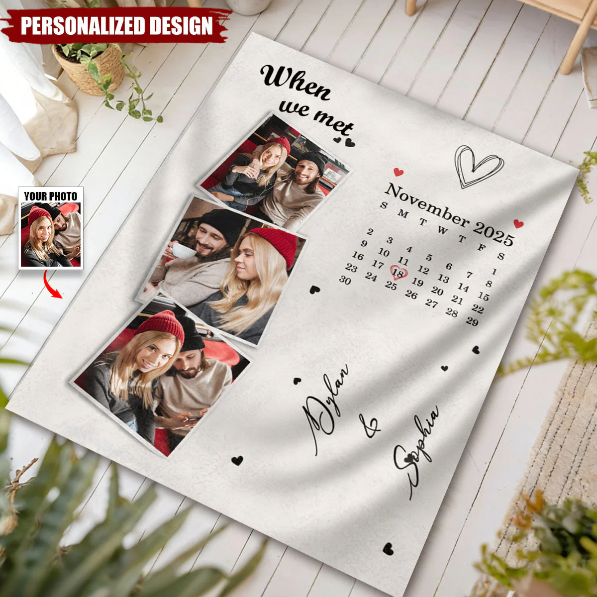 When We Met Custom Photos And Calendar - Couple Blanket - Image 2