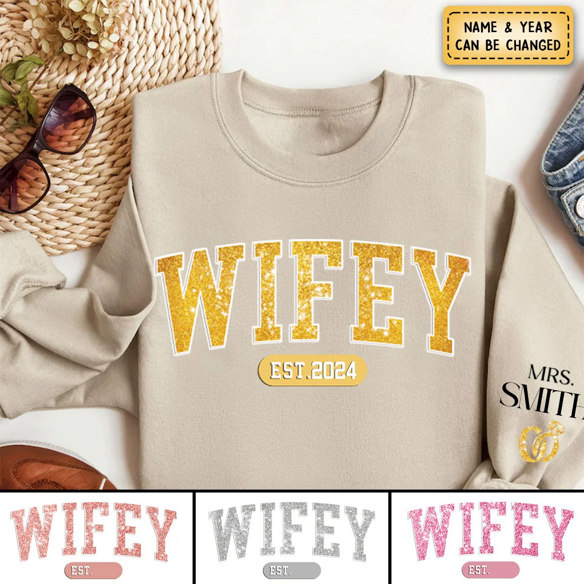 Wifey Est - Couple Personalized Sweatshirt With Design On Sleeve - Image 2