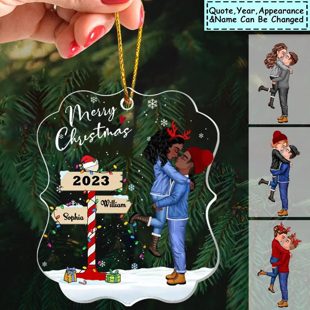 Winter Couple Hugging Kissing In The Snow Personalized Acrylic Christmas Ornament - Image 2